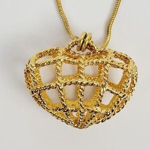 Anne Klein II~Heart Filigree Open Pendant Necklace 32” Gold Tone Snake Chain